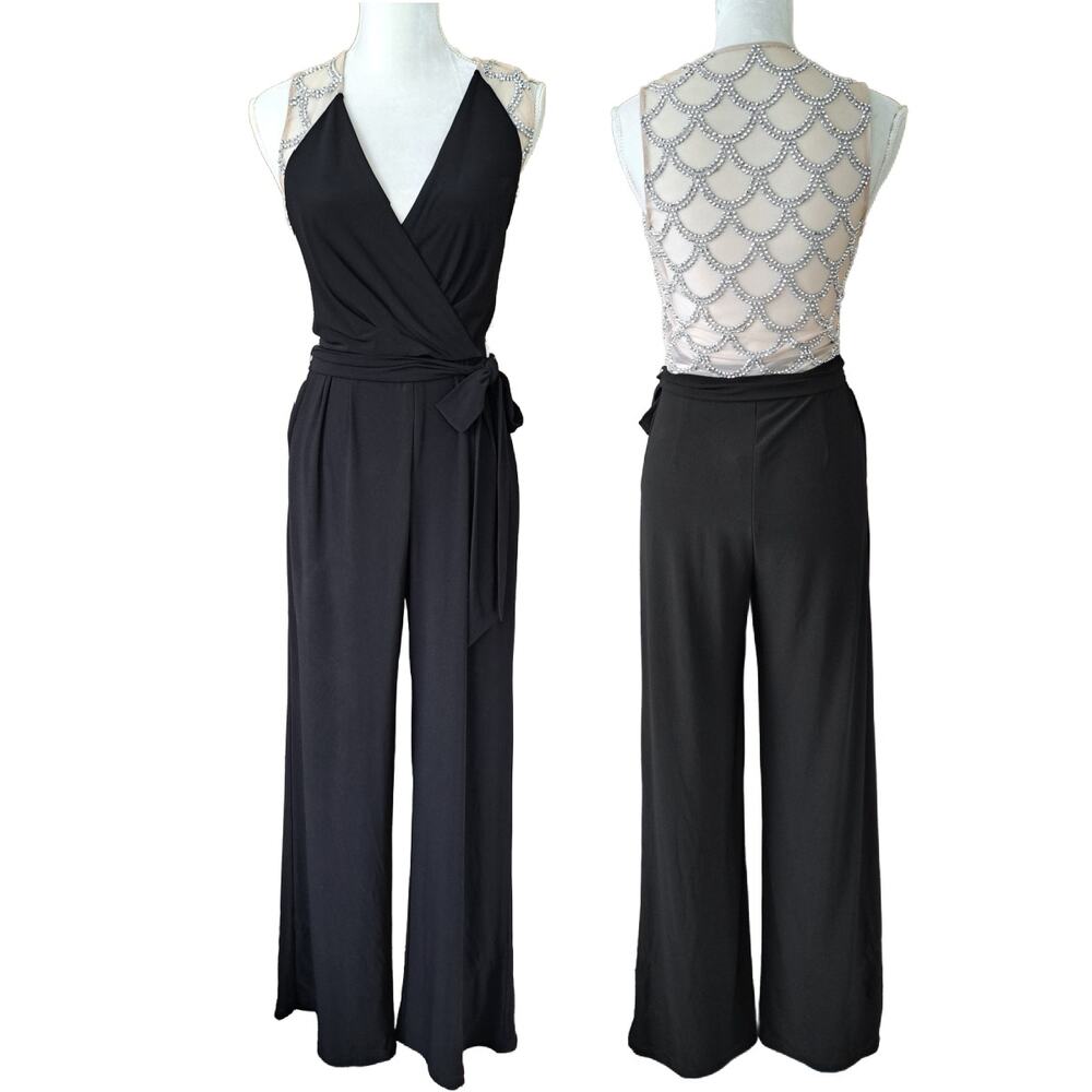 XSCAPE Black Wide Leg Jumpsuit Sz 6 Rhinestone Illusion Mesh Back Formal Evening
